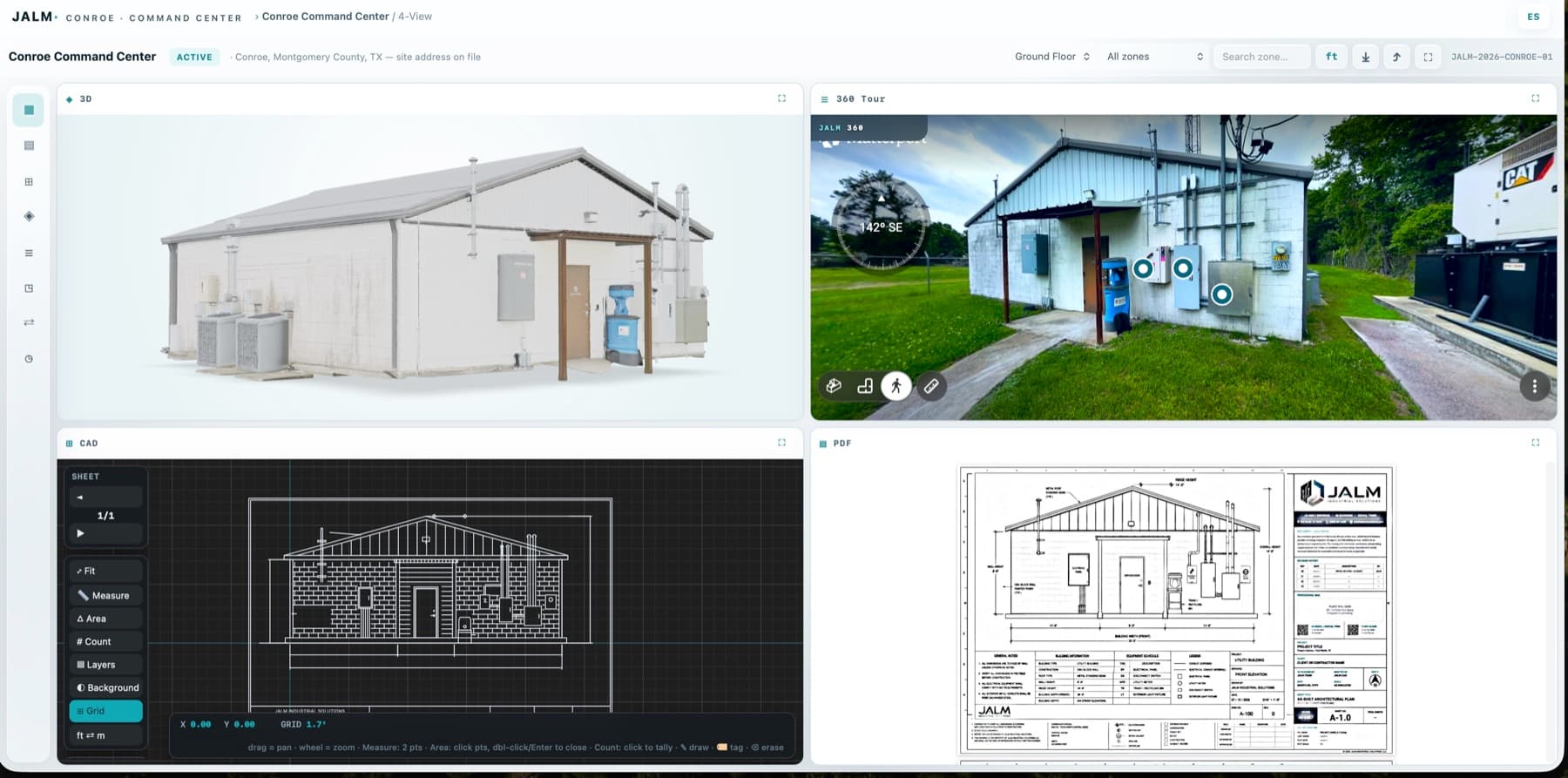 Four synchronized JALM project viewers showing 3D, 360-degree imagery, CAD and PDF